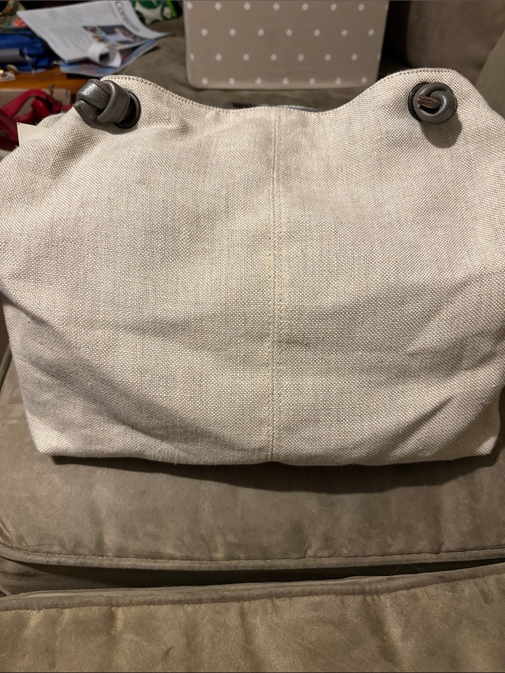 Eileen Fisher Cream Canvas Tote with Dark Brown Leather Accents